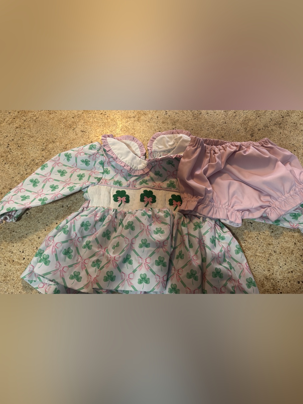 Girls Pink & Green Clover Smocked Matching Set